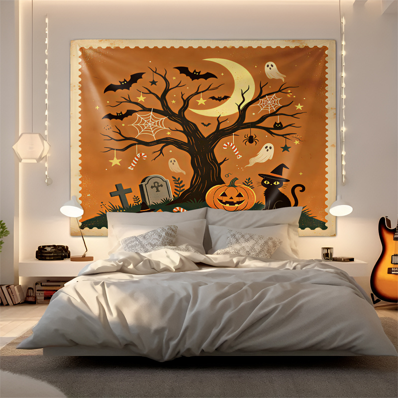 Vintage Fashion Prints For Wall - Vintage Halloween Print Tapestry Pumpkin Ghost