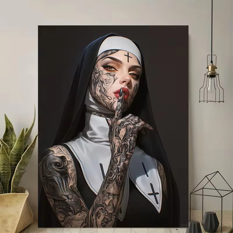 Fashion Girl Tattoo Nun Canvas - Vintage Fashion Illustration recension och pris