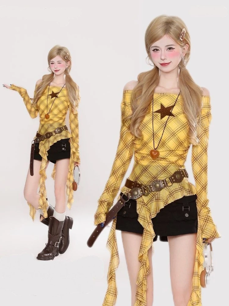 Y2K Plaid Slash Neck Vintage T - Vintage Fashion Aesthetic recension och pris