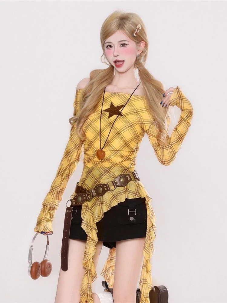 Y2K Plaid Slash Neck Vintage T - Vintage Fashion Aesthetic recension och pris